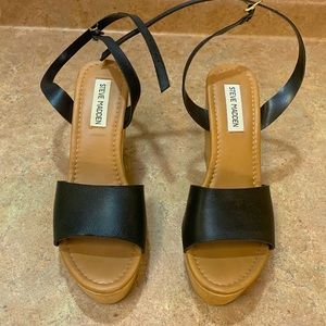 Steve Madden 8 black strappy wedge heels paid $149 worn once!ONLY $65!